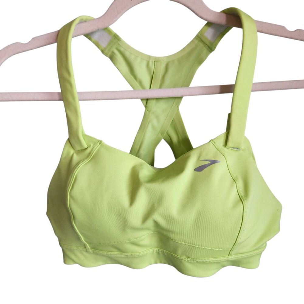Brooks Sports Bra Green Yellow 32B Juno Racerback High Impact Gym Running
